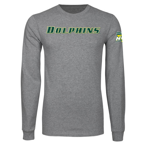 Grey Long Sleeve T Shirt-NEC Le Moyne Dolphins Flat Wordmark
