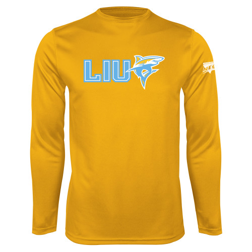 Gold Performance Long Sleeve Shirt-Northeast Conference Long Island University LIU with Mascot Flat