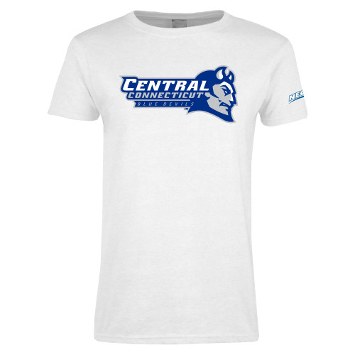 Womens White Short Sleeve Tee-Northeast Conference Central Connecticut Primary Mark