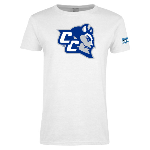 Womens White Short Sleeve Tee-Northeast Conference Central Connecticut CC Mascot Mark