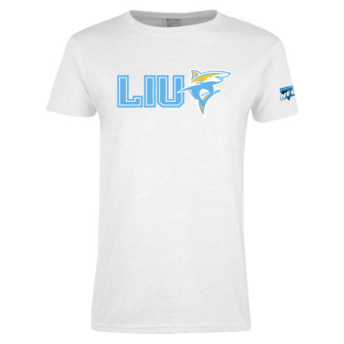 Womens White Short Sleeve Tee-Northeast Conference Long Island University LIU with Mascot Flat