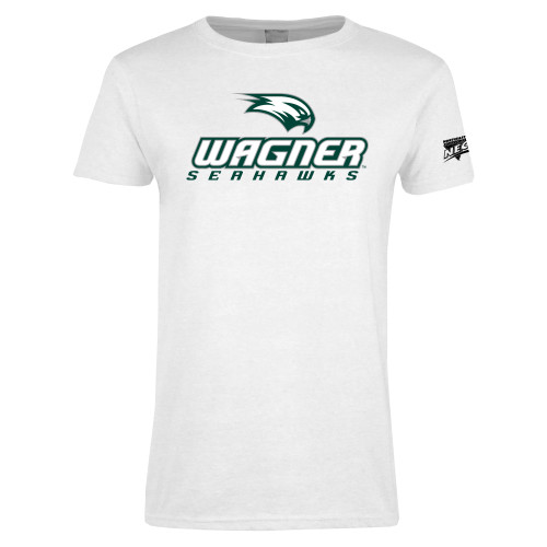 Womens White Short Sleeve Tee-Northeast Conference Wagner College Wagner Seahawks Stacked Mark