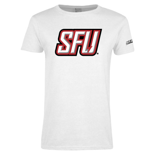 Womens White Short Sleeve Tee-Northeast Conference Saint Francis University Primary Mark