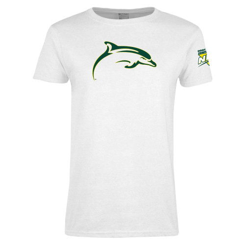 Womens White Short Sleeve Tee-NEC Le Moyne Dolphins Mascot Icon