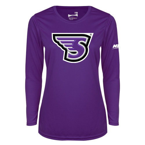 Womens Purple Performance Long Sleeve V Neck Shirt-NEC Stonehill S