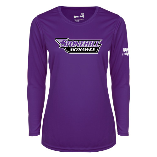 Womens Purple Performance Long Sleeve V Neck Shirt-NEC Stonehill Skyhawks Wordmark