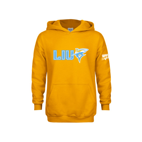 Youth Gold Fleece Hoodie-Northeast Conference Long Island University LIU with Mascot Flat