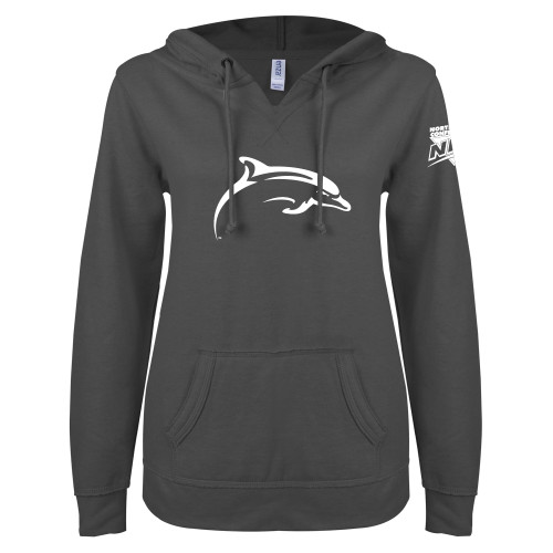 ENZA Womens Dark Heather V Notch Raw Edge Fleece Hoodie-NEC Le Moyne Dolphins Mascot Icon