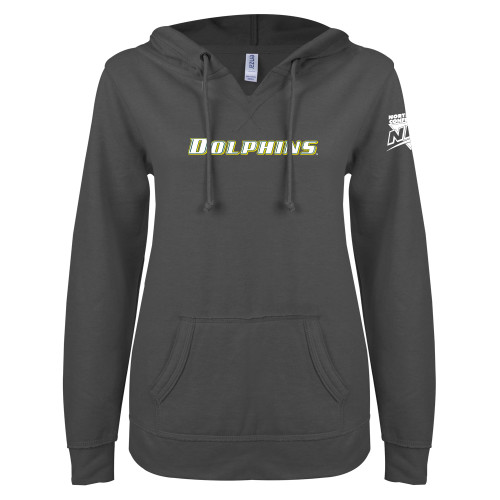 ENZA Womens Dark Heather V Notch Raw Edge Fleece Hoodie-NEC Le Moyne Dolphins Flat Wordmark