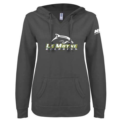 ENZA Womens Dark Heather V Notch Raw Edge Fleece Hoodie-NEC Le Moyne Dolphins Primary Mark