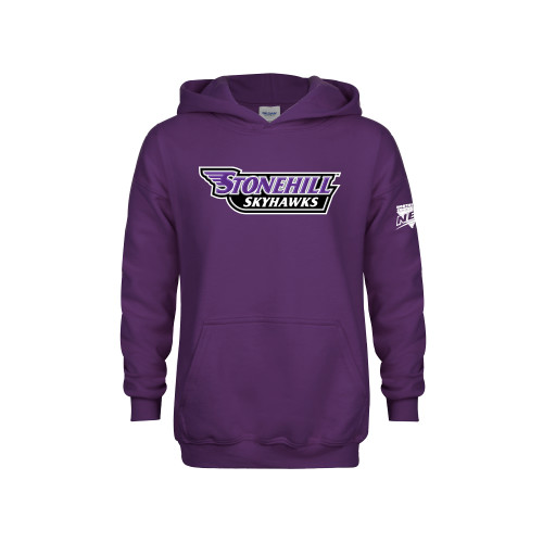 Youth Purple Fleece Hoodie-NEC Stonehill Skyhawks Wordmark