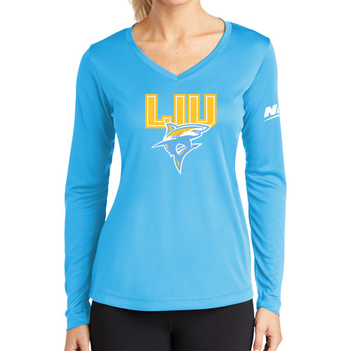 Womens Light Blue Performance Long Sleeve V Neck Shirt-Northeast Conference Long Island University Primary Mark