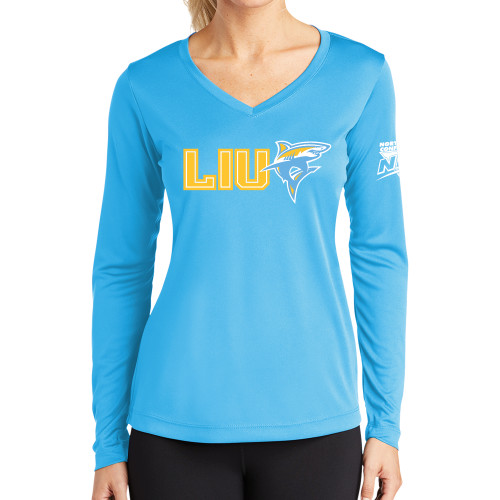 Womens Light Blue Performance Long Sleeve V Neck Shirt-Northeast Conference Long Island University LIU with Mascot Flat