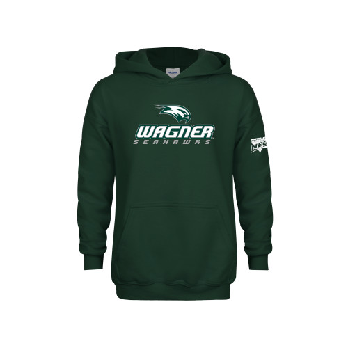 Youth Dark Green Fleece Hoodie-Northeast Conference Wagner College Wagner Seahawks Stacked Mark