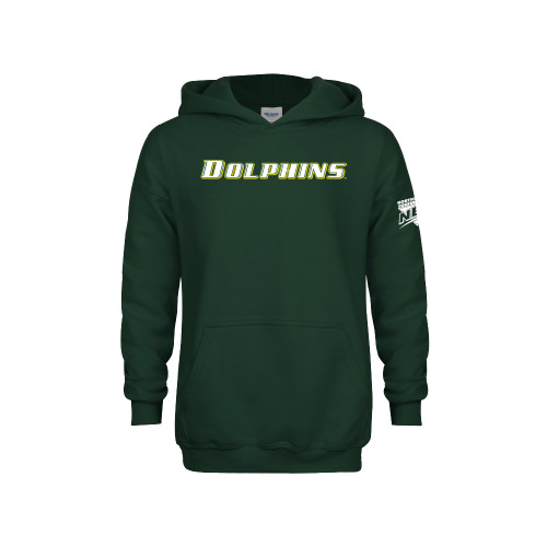 Youth Dark Green Fleece Hoodie-NEC Le Moyne Dolphins Flat Wordmark