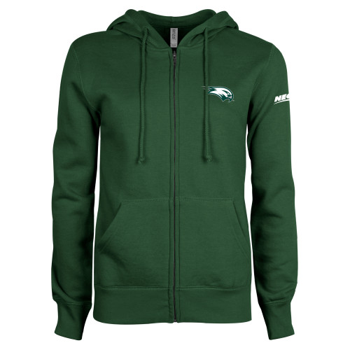 ENZA Womens Dark Green Fleece Full Zip Hoodie-Northeast Conference Wagner College Mascot Mark