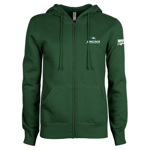 ENZA Womens Dark Green Fleece Full Zip Hoodie-Northeast Conference Wagner College Wagner Seahawks Stacked Mark