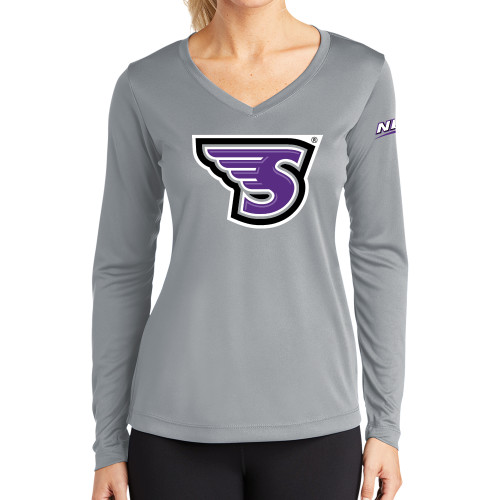 Womens Grey Performance Long Sleeve V Neck Shirt-NEC Stonehill S