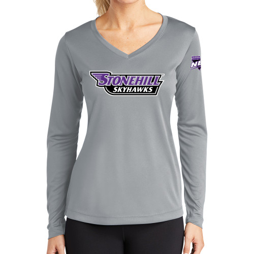 Womens Grey Performance Long Sleeve V Neck Shirt-NEC Stonehill Skyhawks Wordmark