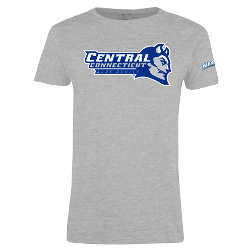 Womens Grey Short Sleeve Tee-Northeast Conference Central Connecticut Primary Mark