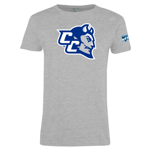 Womens Grey Short Sleeve Tee-Northeast Conference Central Connecticut CC Mascot Mark