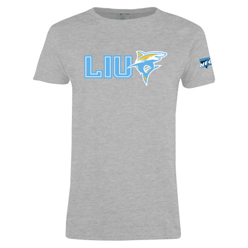 Womens Grey Short Sleeve Tee-Northeast Conference Long Island University LIU with Mascot Flat