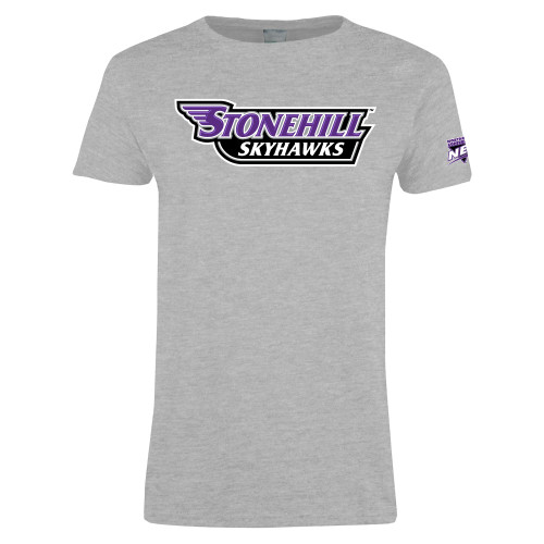 Womens Grey Short Sleeve Tee-NEC Stonehill Skyhawks Wordmark