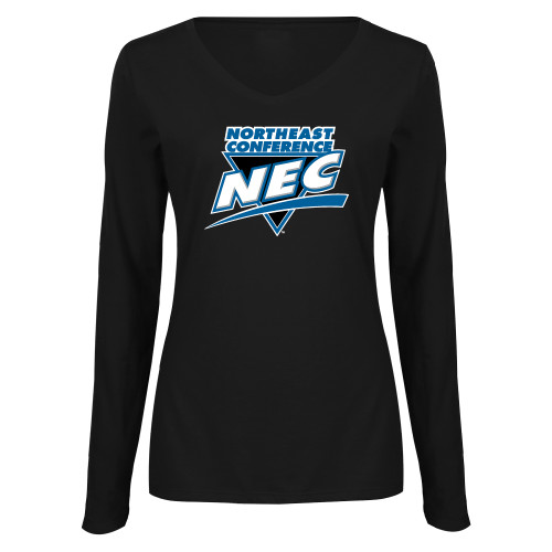 Womens Black Long Sleeve V Neck Tee -Northeast Conference NEC Full Mark