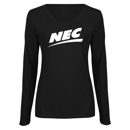 Womens Black Long Sleeve V Neck Tee -Northeast Conference NEC Flat Mark