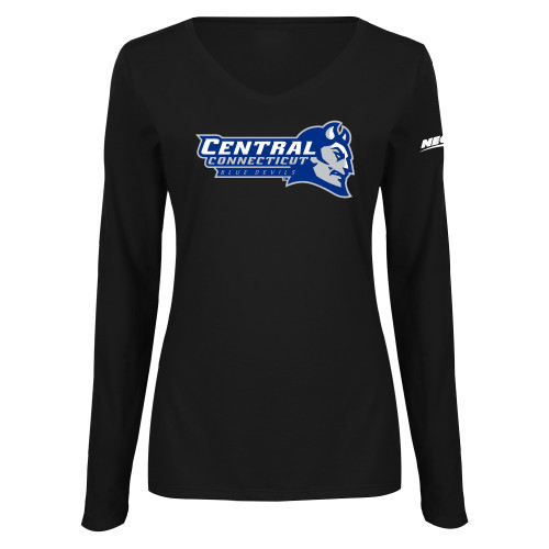 Womens Black Long Sleeve V Neck Tee -Northeast Conference Central Connecticut Primary Mark