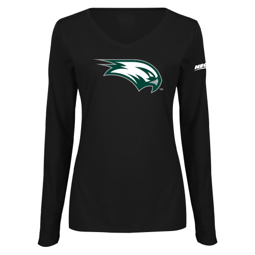 Womens Black Long Sleeve V Neck Tee -Northeast Conference Wagner College Mascot Mark