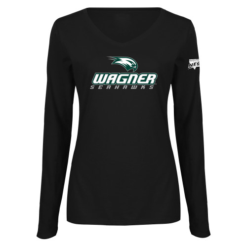 Womens Black Long Sleeve V Neck Tee -Northeast Conference Wagner College Wagner Seahawks Stacked Mark