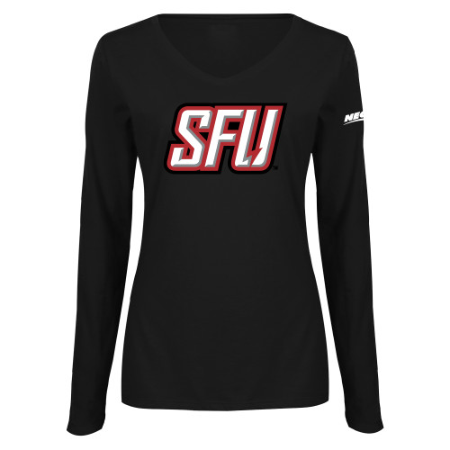Womens Black Long Sleeve V Neck Tee -Northeast Conference Saint Francis University Primary Mark