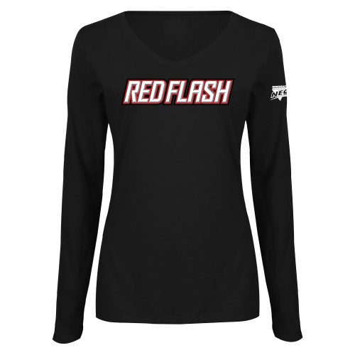 Womens Black Long Sleeve V Neck Tee -Northeast Conference Saint Francis University Red Flash Wordmark