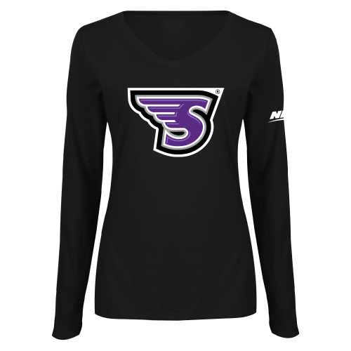 Womens Black Long Sleeve V Neck Tee -NEC Stonehill S