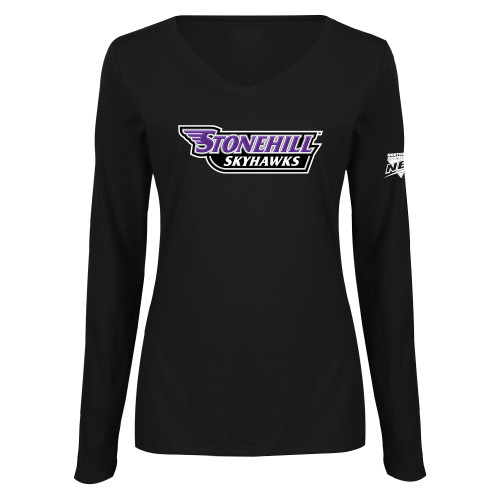 Womens Black Long Sleeve V Neck Tee -NEC Stonehill Skyhawks Wordmark