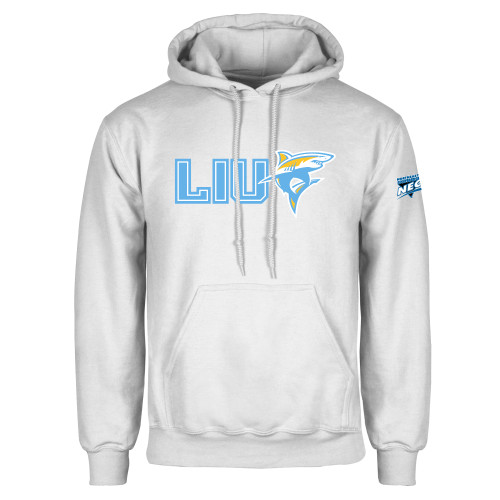 White Fleece Hoodie-Northeast Conference Long Island University LIU with Mascot Flat