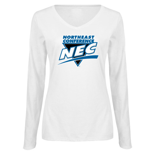 Womens White Long Sleeve V Neck Tee-Northeast Conference NEC Full Mark