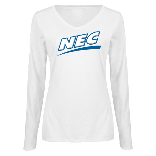 Womens White Long Sleeve V Neck Tee-Northeast Conference NEC Flat Mark