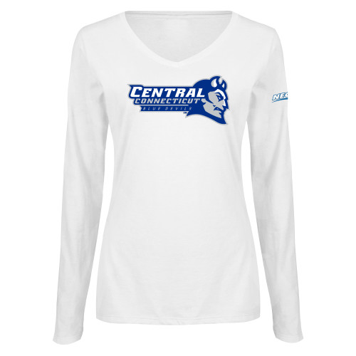 Womens White Long Sleeve V Neck Tee-Northeast Conference Central Connecticut Primary Mark