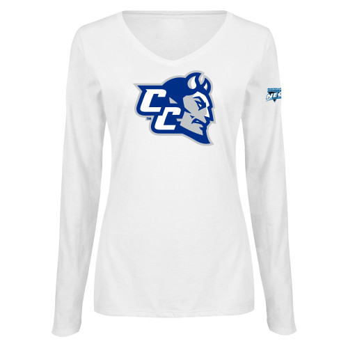 Womens White Long Sleeve V Neck Tee-Northeast Conference Central Connecticut CC Mascot Mark