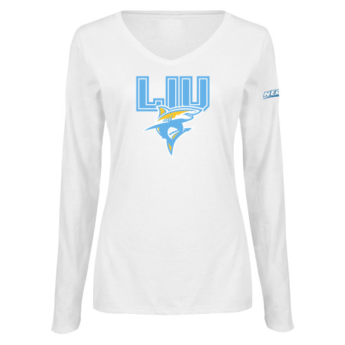 Womens White Long Sleeve V Neck Tee-Northeast Conference Long Island University Primary Mark