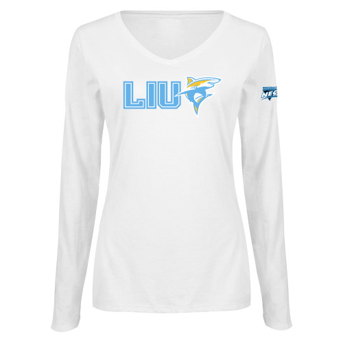 Womens White Long Sleeve V Neck Tee-Northeast Conference Long Island University LIU with Mascot Flat