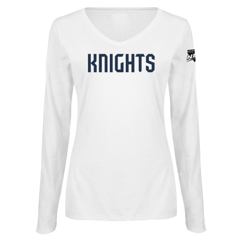 Womens White Long Sleeve V Neck Tee-NEC Fairleigh Knights Wordmark