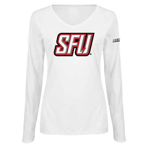 Womens White Long Sleeve V Neck Tee-Northeast Conference Saint Francis University Primary Mark