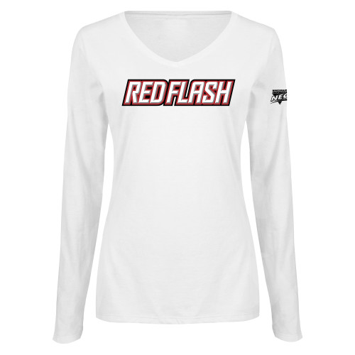 Womens White Long Sleeve V Neck Tee-Northeast Conference Saint Francis University Red Flash Wordmark