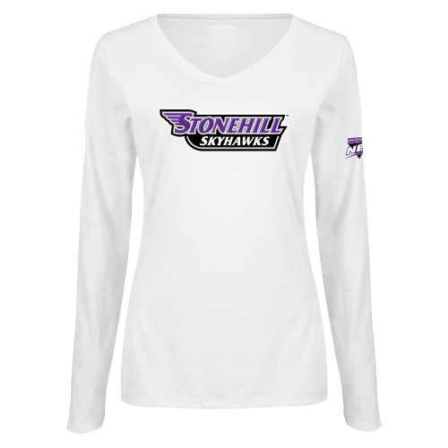 Womens White Long Sleeve V Neck Tee-NEC Stonehill Skyhawks Wordmark