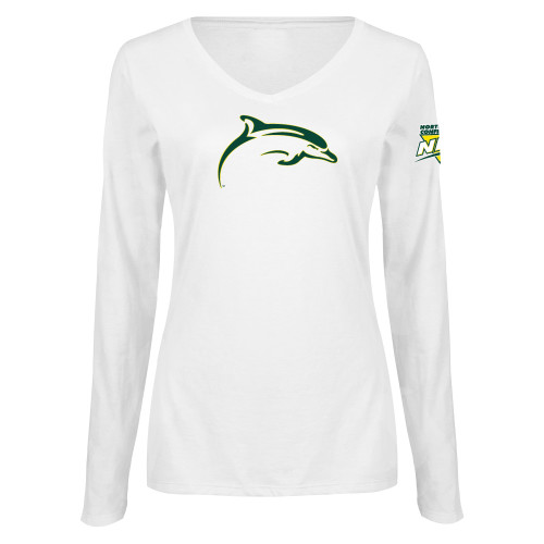 Womens White Long Sleeve V Neck Tee -NEC Le Moyne Dolphins Mascot Icon