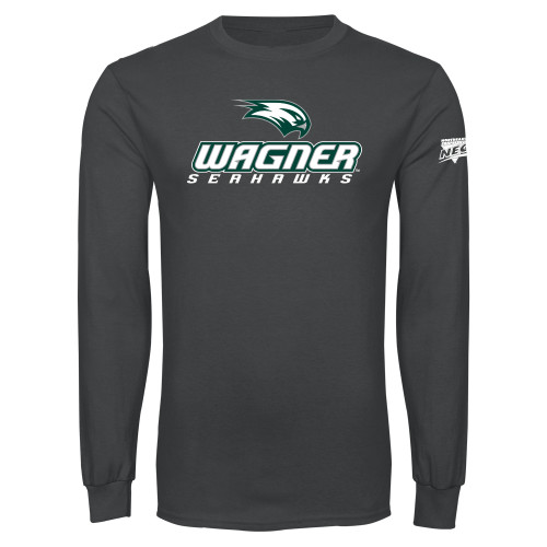 Charcoal Long Sleeve T Shirt-Northeast Conference Wagner College Wagner Seahawks Stacked Mark