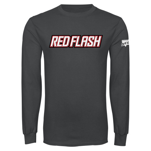 Charcoal Long Sleeve T Shirt-Northeast Conference Saint Francis University Red Flash Wordmark